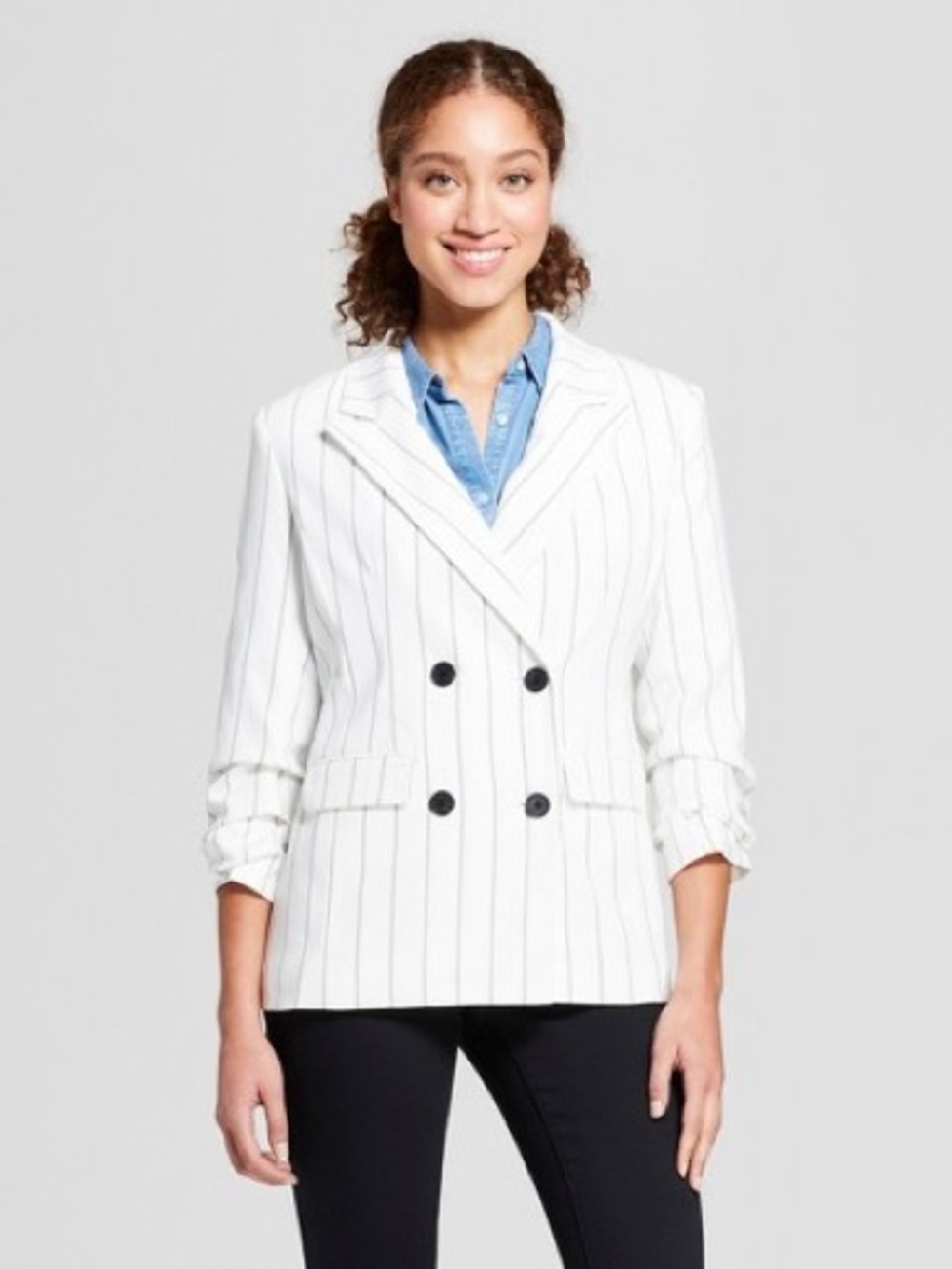 Double-Breasted Pinstripe Blazer Jacket - White